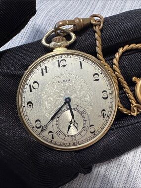 Working Elgin Vintage 1924 Gold-filled 14K Art Deco Pocket Watch with Chain